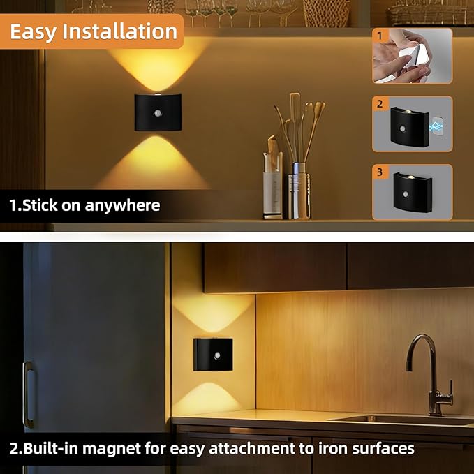2 Pack Motion Sensor Wall Light, Rechargeable Wall Sconce with 3 Color Temperatures and Brightness Adjustable, Wireless Magnetic Mount for Bedroom, Stair, Hallway, Closet (4, Black)