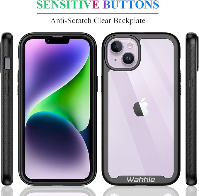 wahhle Compatible with iPhone 14 Plus Case, Full-Body Phone Cover with Screen Protector Shockproof TPU Bumper Case 6.7 Inches-Black Clear