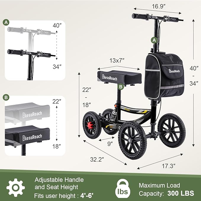Knee Scooter, 350lbs Capacity, 13" Big PU Seat, Disc Brake Knee Walker, All Terrain Foldable Knee Scooter Walker with Bag for Foot Injuries Compact Crutches Alternative (Black)