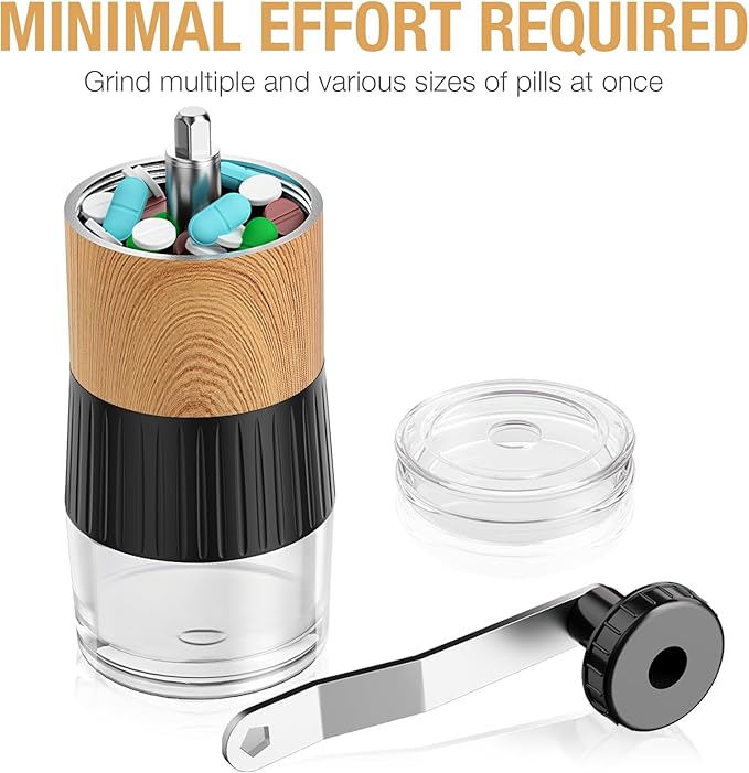 Small Portable Pill Crusher Grinder to Fine Powder for Elderly - Crushes Multiple Pills, Small and Large Medication and Vitamin Tablets - Great for Feeding Tube, Kids, Pets - Ideal for Travel (Wood)