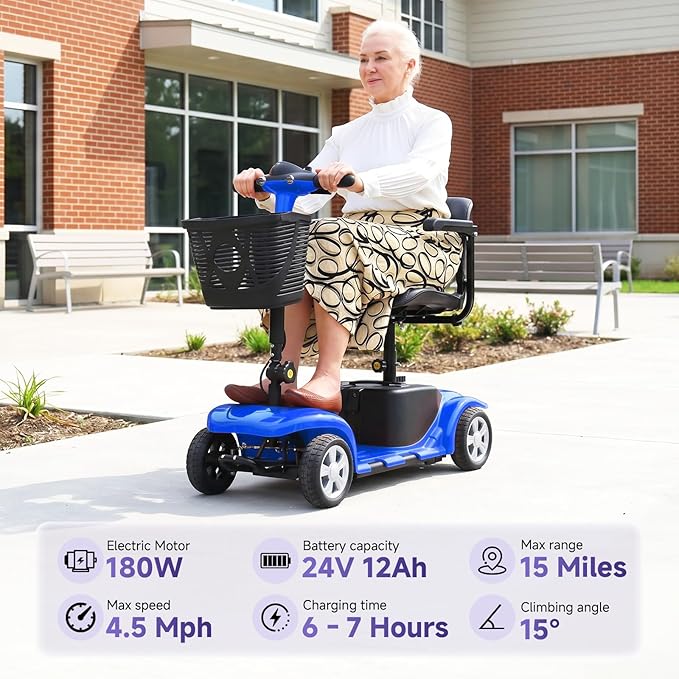 XERATH Mobility Scooters for Seniors Lightweight and Portable,Mobility Scooter with LED Headlights and Basket,lightest Foldable Mobility Scooter 4 Wheels Electric Powered Chargeable Device (Blue)