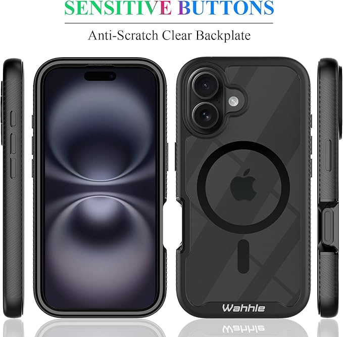 wahhle Compatible with iPhone 16 Plus Case, Magnetic Built in Screen Protector Full Body Shockproof Slim Fit Bumper Protective Phone Cover 6.7'' Men Women-Black/Clear