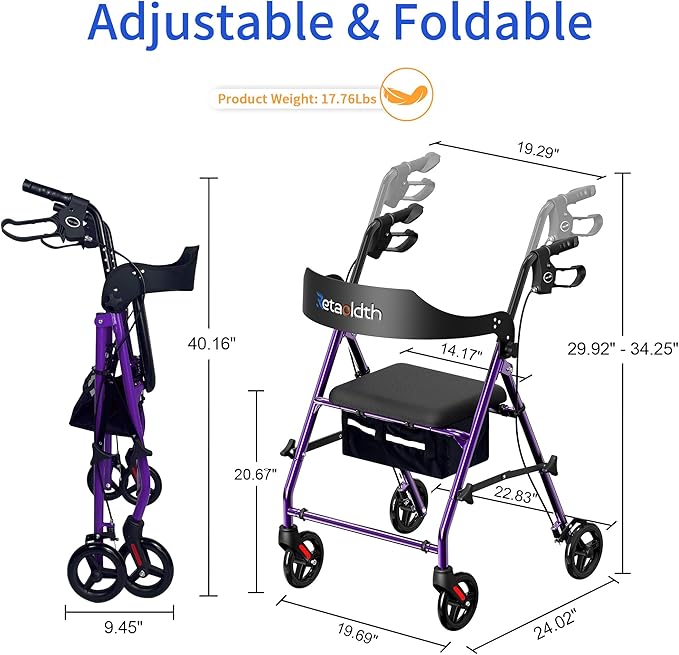 Rollator Walkers for Seniors with Seat, Foldable & One-Hand Carry, Upgraded Rolling Walker with Seat for Seniors, Handles Height Adjustable Rolling Walker for Seniors, Walking & Seated Rest, Purple