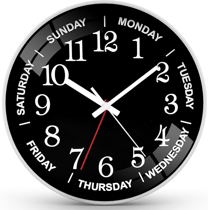 QINFIEY 12 Inch Day of Week Wall Clock, Non Ticking Modern Clocks Battery Operated，Analog Day Clock for Seniors Eldly，Classic for Office Home Classroom Bedroom School,Unique Gift Clock