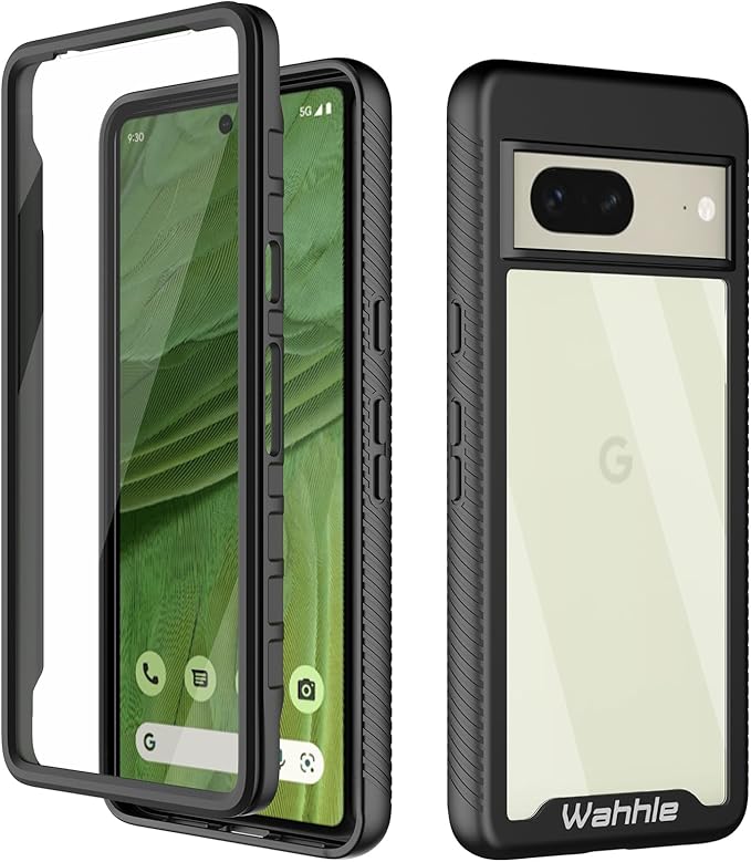 wahhle Compatible with Google Pixel 7 Case, Built in Screen Protector Full Body Shockproof Slim Fit Bumper Protective Phone Cover Men Women-Black/Clear