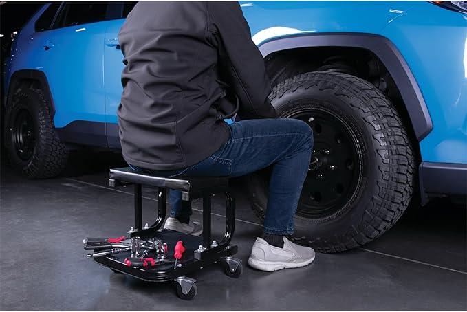 Performance Tool W85007 C-Frame Creeper Rolling Work Seat with Tool Tray for Mechanic Garages and Workshops, Black, 11.5 x 12.5-inch Tray