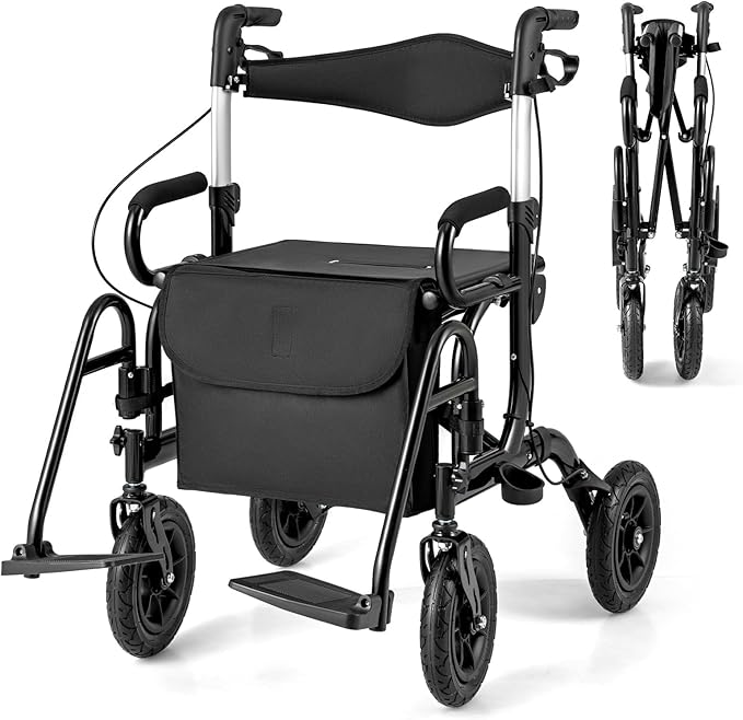 Goplus Walkers for Seniors with Seat, 2 in 1 Folding Rolling Rollator Walker & Wheelchair Combo with Brakes, 9" Pneumatic Tires for All Terrain, Aluminum Adult Mobility Walking Aid
