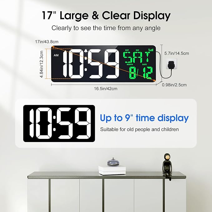 17 Inch Digital Wall Clock Large Display Bluetooth Sync Time, Auto-Dimming Large Digital Wall Clock with Remote, Date/Week/Temperature/DST, Plug-in Digital Clock for All Spaces Use, Gift