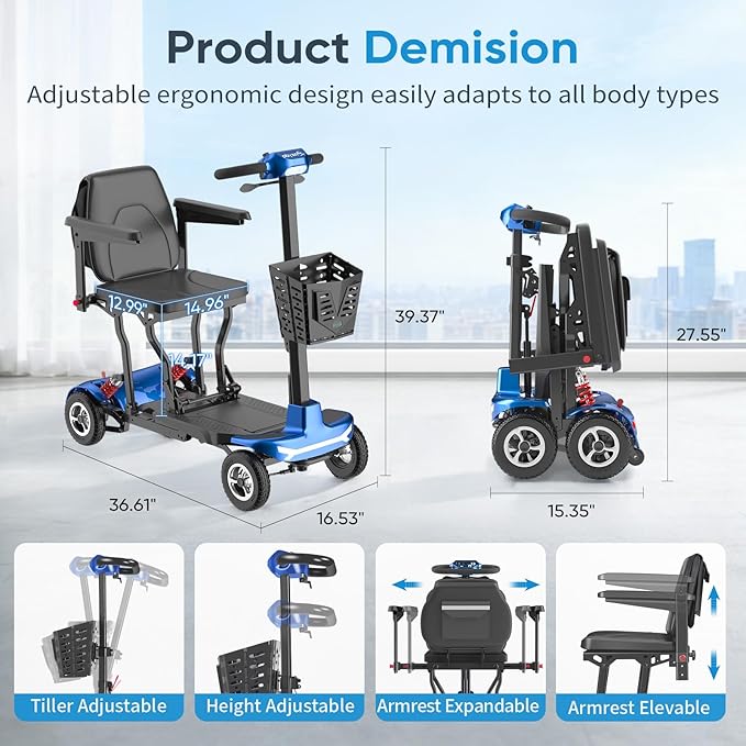 Mobility Scooter for Adults, Seniors - 37.5 lbs Ultra Lightweight Folding Mobility Scooters for Seniors Airport Approved, All Terrain 4 Wheel Motorized Scooter with Storage Bag for Travel, Blue