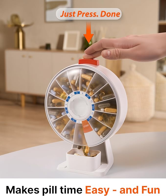 14-Day Rotating Pill Dispenser Wheel Push Button Desktop or Wall-Mount for Elderly