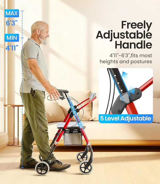Walker for Seniors, 380lb Capacity, Walker with Seat & Backrest, All-Terrain Wheels, Adjustable Height, Foldable Compact Design