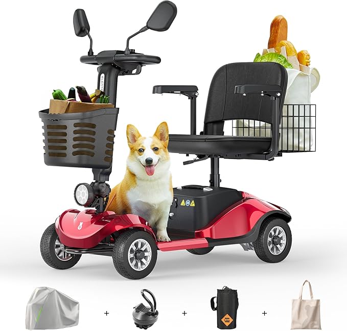 Paiseec Mobility Scooters for Seniors & Adults, Powered Mobility Scooters, 4 Wheel Foldable Mobility Scooter, All Terrain, LED Headlight & Dual Baskets for Outdoor, 350 lb Capacity, FDA Cleared (Red)