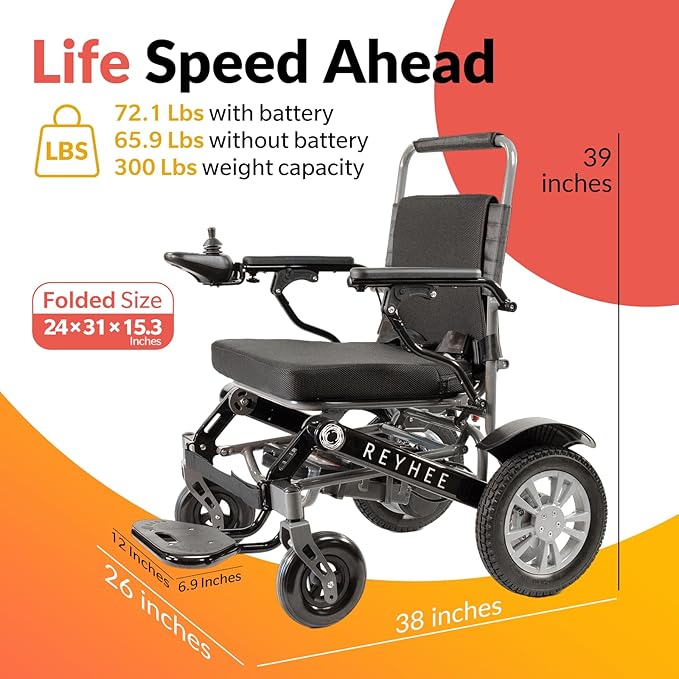 Reyhee Roamer Folding Electric Wheelchair for Adults Seniors, 200W Motorized Wheelchair w/Dual DC Brushless Motor, Portable Power Wheelchairs, Class 2 Medical Device