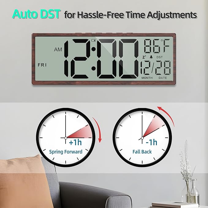 Digital Wood Wall Clock with Battery Operated, 15" Digital Clock Large Display with Date and Day of Week, Large Number with Temperature, Auto DST, Alarm, Snooze, 12/24-hour for Desk Office