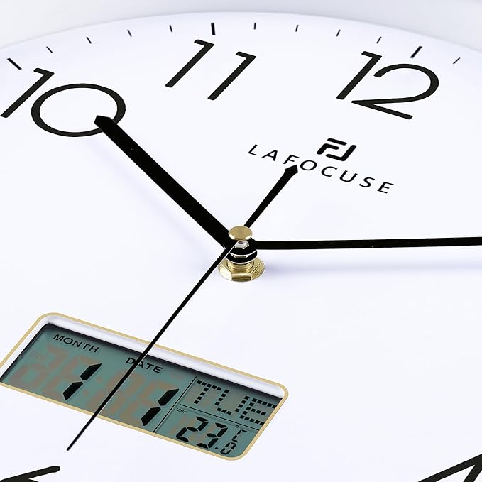 Lafocuse 12 Inch Silent Analog Wall Clock with LCD Display for Perpetual Calendar and Temperature, Digital Silver Wall Clocks with Date and Day Battery Operated Clock for Living Room Bedroom Office