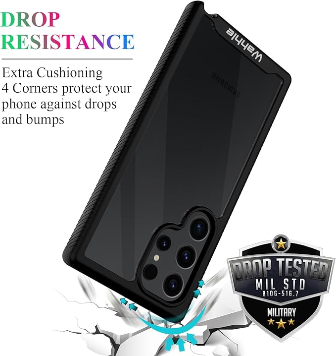 wahhle Compatible with Samsung Galaxy S24 Ultra Case, Built in Screen Protector Full Body Shockproof Slim Fit Bumper Protective Phone Cover 5G 6.8'' -Black/Clear