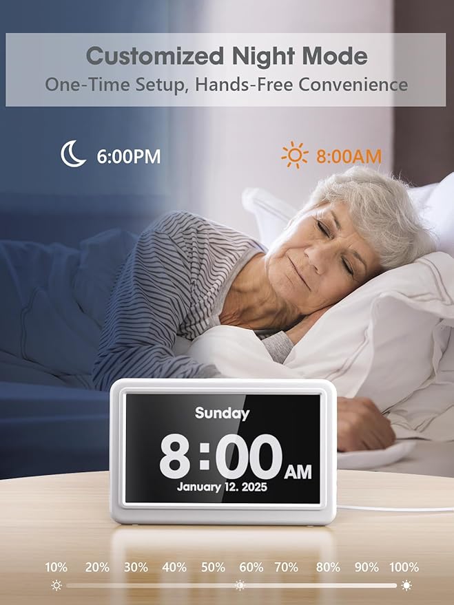 ROCAM Dementia Clock for Seniors, Large Display Digital Calendar Day Clock, 12 Themes 20 Custom Alarms & Reminders with 18 Ringtones, Automatic Dimmer, Medication Alarm Clock for Alzheimers/Elderly
