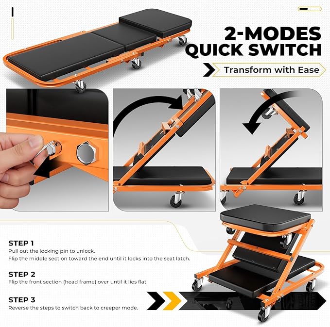 Auto Dynasty 40" Z-Creeper Seat, 2-in-1 Foldable Garage Creeper Shop Seat, 330 LBS Capacity Automotive Mechanic Repair Under Car Rolling Creeper Seat, Orange