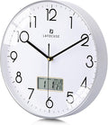 Lafocuse 12 Inch Silent Analog Wall Clock with LCD Display for Perpetual Calendar and Temperature, Digital Silver Wall Clocks with Date and Day Battery Operated Clock for Living Room Bedroom Office