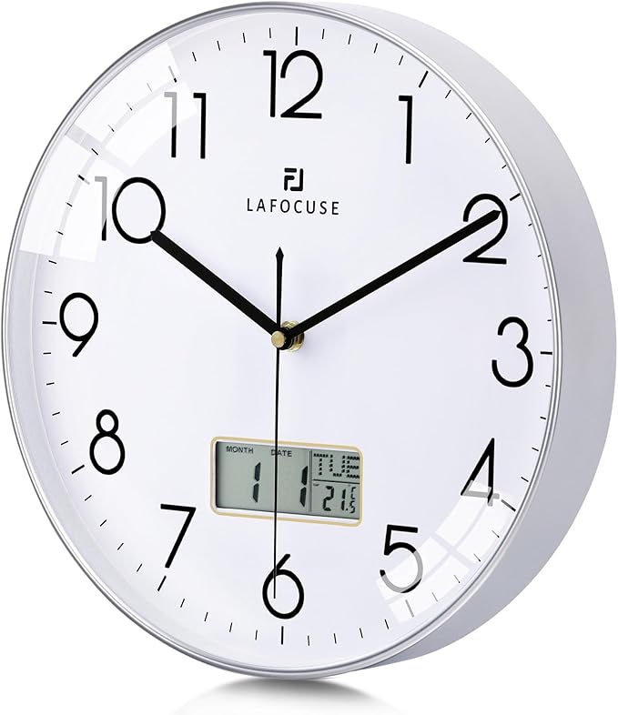 Lafocuse 12 Inch Silent Analog Wall Clock with LCD Display for Perpetual Calendar and Temperature, Digital Silver Wall Clocks with Date and Day Battery Operated Clock for Living Room Bedroom Office