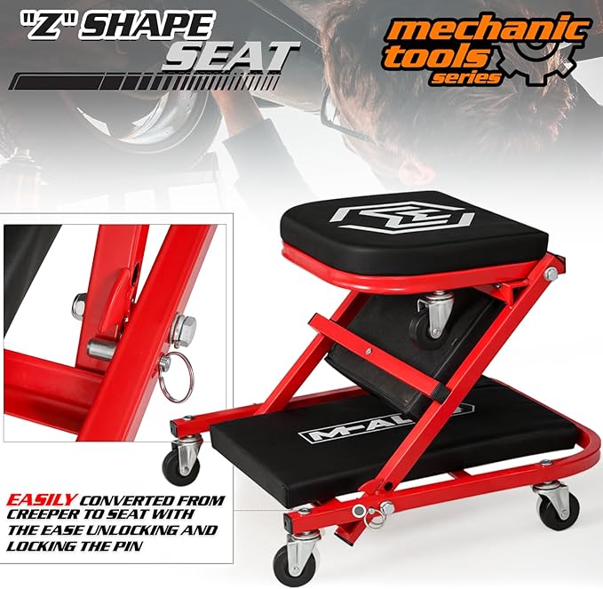 M-AUTO Foldable Z Creeper 2-in-1 Rolling Folding Car Creeper & Seat, 36" Adjustable Roller Garage Chair Lay Down or Sit, 330LBS Capacity Under Car Roller Creeper with 6 Swivel Casters, Red