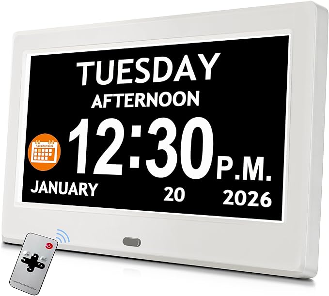 7'' Digital Clock, Dementia Clock With Date And Time, 10 Reminders, 6 Alarms, Auto-Dimming, Auto DST, Remote Control, Large Display Alarm Clock For Seniors, Gifts For People With Dementia, White