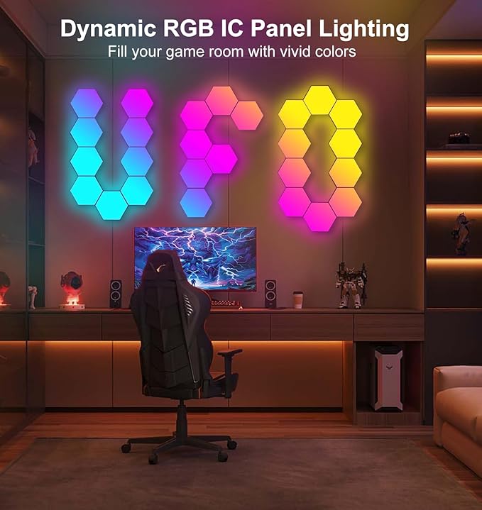 Hexagon LED Lights for Gaming Room 14 DIY Panels Voice App Control Music Sync Wall Decor