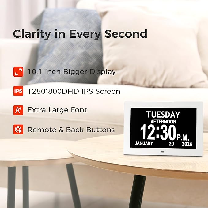 10.1'' Digital Clock With Date And Time, Dementia Clock, Large Display Alarm Clock For Seniors, 10Reminders, 6Alarms, Auto-Dimming, Auto DST, Remote Control, Gifts For People With Dementia, White