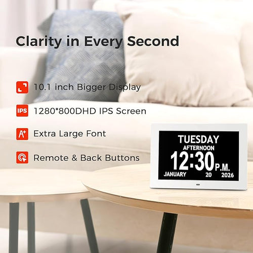 10.1'' Digital Clock With Date And Time, Dementia Clock, Large Display Alarm Clock For Seniors, 10Reminders, 6Alarms, Auto-Dimming, Auto DST, Remote Control, Gifts For People With Dementia, White