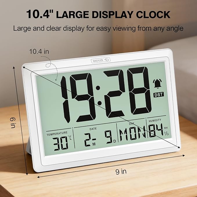 XREXS 10.4 Inch Digital Wall Clock, Battery Operated Large Display Clock, Digital Calendar with Indoor Temperature/Humidity/Date/Day, Auto DST for Classroom, Livingroom, Office(No Backlight)(White)