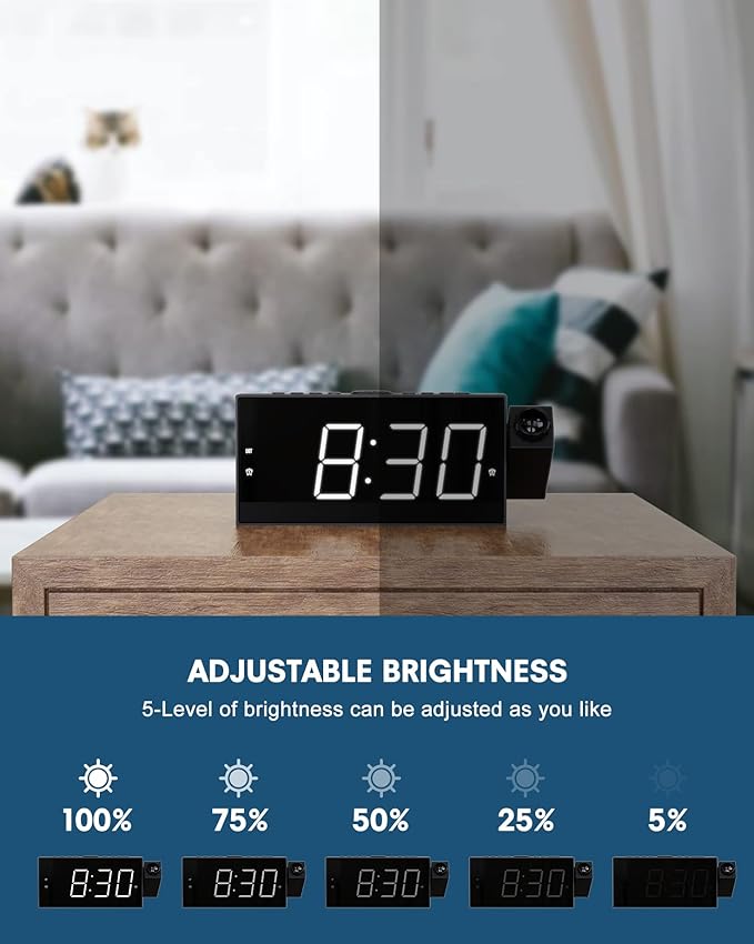 OnLyee Ceiling Projection Alarm Clock, 7" Large Display Digital Clock for Bedroom with USB Charger, 180° Rotatable Projector, Loud Alarm, Snooze, DST, 12/24H Dimmer – for Kids Adults Elders