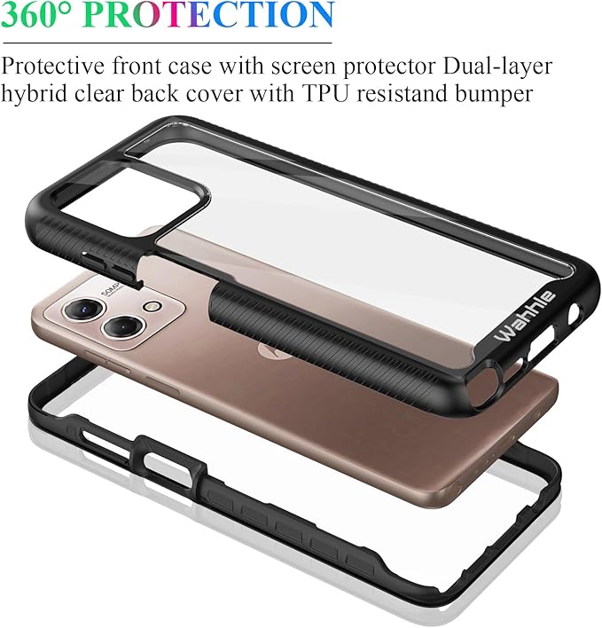 wahhle Compatible with Moto G Stylus 5G 2023 Case, Built in Screen Protector Full Body Shockproof Slim Fit Bumper Protective Phone Cover Men Women-Black/Clear