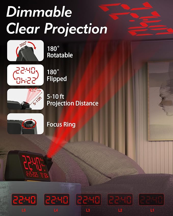 Roxicosly Projection Alarm Clock for Bedroom Ceiling, 118 dB Super Loud for Heavy Sleepers, Plug in Dual Alarm with Weekday/Weekend, 6.7" Large Dimmable Display with Day Date Indoor Temp Humidity