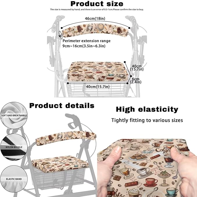 3 Pcs Sets Rollator Walker Accessories Coffee Print Universal Fit Walker Seat Cover Rollator Walker Seat & Backrest Covers, Rollator Storage Under Seat Bag