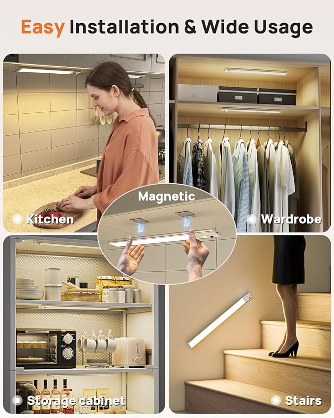 16 Inch Under Cabinet Lights, LED Motion Sensor Light Indoor, 4000mAh Rechargeable Closet Light with Remote, 3 Color Temps, Magnetic, Wireless Under Counter Lights for Kitchen, Stairs, Hallway, 4 Pack