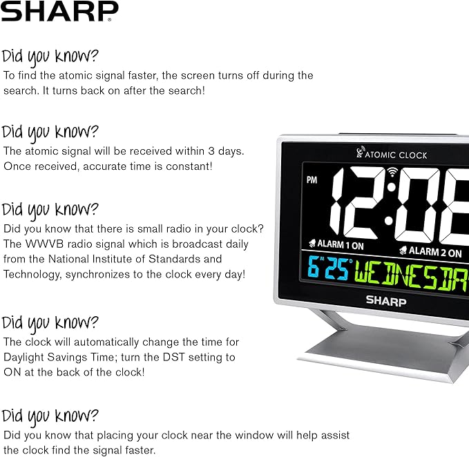Sharp Desktop Dual Alarm Clock with Color Display - Atomic Accuracy - Calendar & Day of Week Time/Date Display
