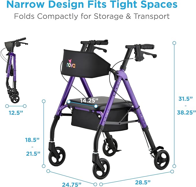 NOVA Star 6 Foldable Rollator Walker for Seniors, Wide Padded Backrest with Seat, 6” All-Terrain Wheels, Easy-Grip Locking Hand Brakes, Height Adjustable, Purple