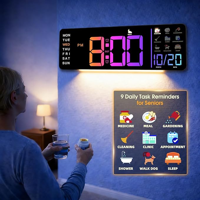 Hoifen Clock with Day and Date for Seniors, 16" Large Display Digital Calendar Dementia Wall Clock for Memory Loss with Time Periods & Task Reminders, Remote Control, Night Light, Auto Dim & DST (RGB)
