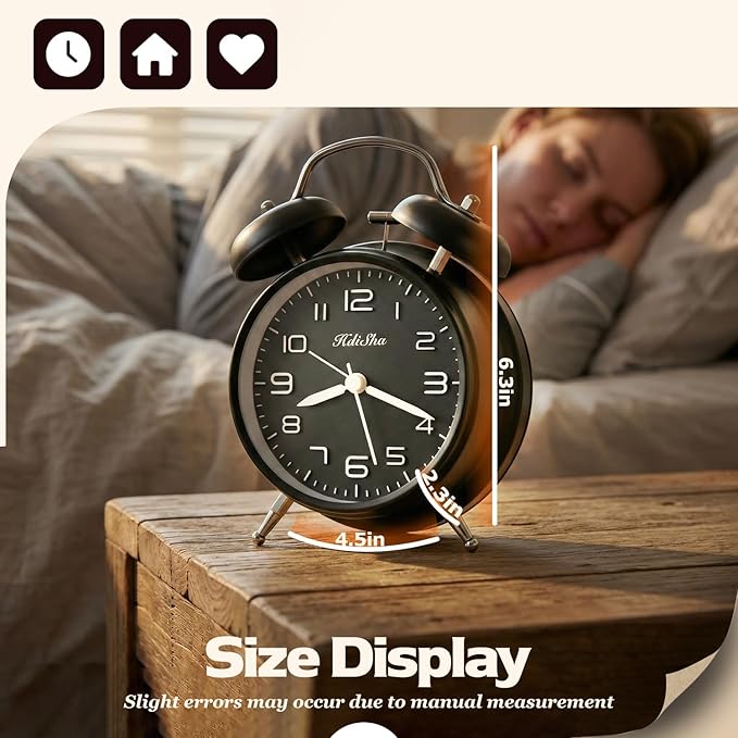 Loud Alarm Clock for Heavy Sleepers, 6 inch Battery Operated Twin Bell Alarm Clock with Night Light, Silent Non Ticking Analog Small Clock Decor for Bedroom, Bedside, Living Room