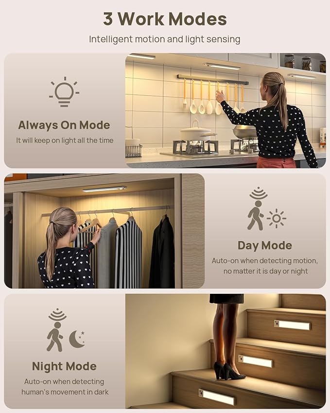 12" Under Cabinet Lights Wireless, Motion Sensor Light Indoor with Remote, LED Rechargeable Closet Light, 3 Color Temps, Dimmable, Magnetic, Under Counter Lights for Kitchen, Stairs, Pantry