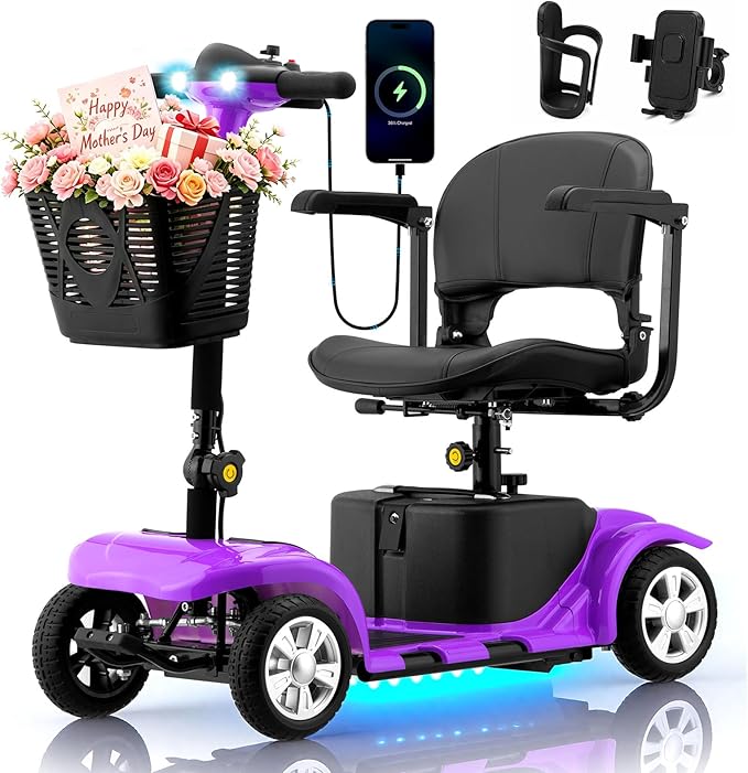Mobility Scooter for Adults, 4 Wheels Lightweight Scooter, Foldable Mobility Scooter Long Range for Travel, Adults, Elderly, Supports 300 lbs, Powered Wheelchair with Charger & Basket (Purple)