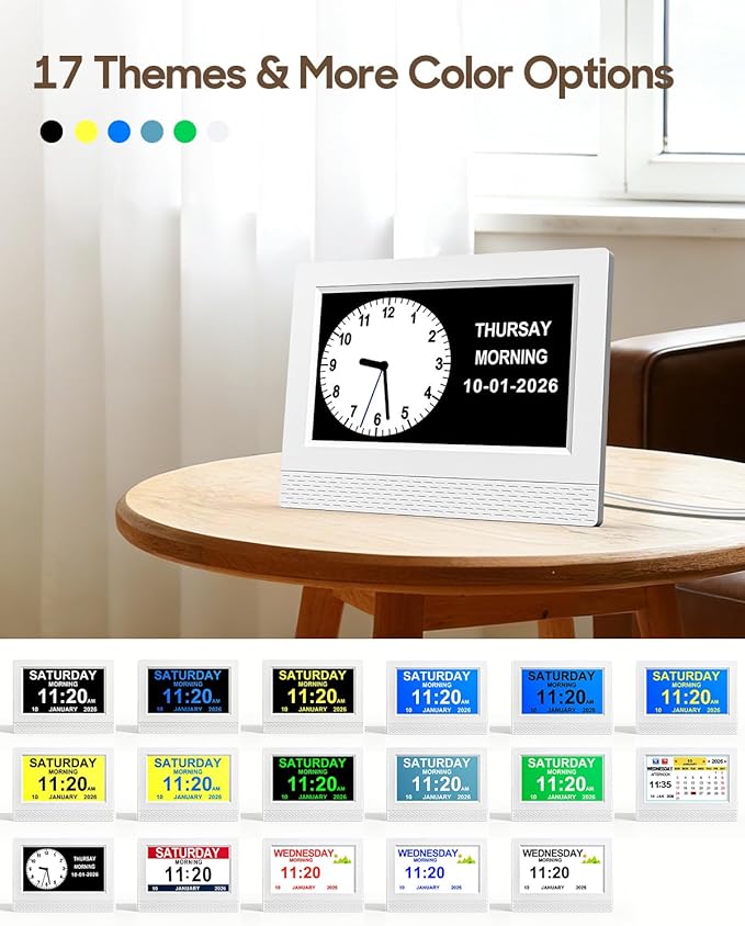 Clock with Day and Date for Elderly, 7" Display Digital Calendar Day Clock with 21 Custom Alarms and Medicine Reminders, 17 Display Modes, Dimmable Dementia Alzheimers Clocks for Seniors