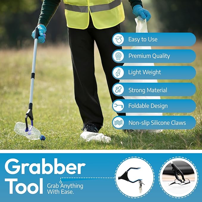 FitPlus 2025 Upgrade PowerGrip T9, Grabber Reacher Tool, Wide Jaw, Foldable, Steel Cable, with 96 Grip Points