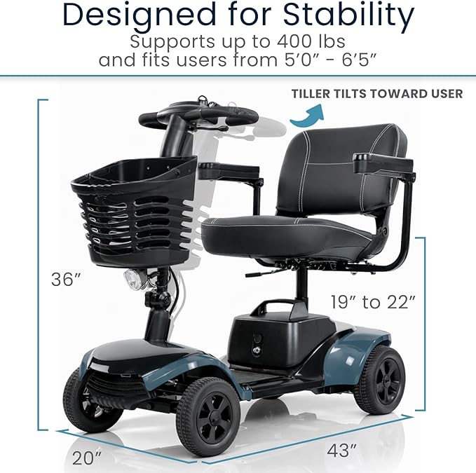 Vive Mobility Scooter for Adults - 4 Wheel Powered Electric Scooter w/Seat for Seniors - 400 lbs Capacity & Extended Range Battery w/Charger - Headlight, Basket & Extra Foot Space