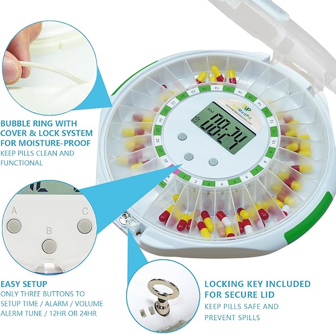 EziMedPil Bluetooth Pill Dispenser w/Audio & Visual Alerts, SmartLife Setup, up to 9 Alarms/Daily, 9 Dosage Templates, LCD Display, Lock Medication Dispenser w/Key for Prescriptions & Vitamins, Clear