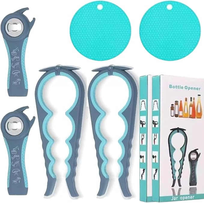 2 Pack Jar Opener for Weak Hands, 4 in 1 Adaptive Jar Lid Opener,5 in 1 Multi Function Bottle Opener Lid Opener For Arthritic Hands with Non Slip Rubber Jar opener Gripper Pad