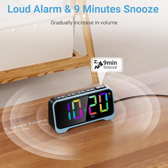 PPLEE RGB Digital Alarm Clock for Bedrooms, 6.5" Large LED Display with Dimmer, Loud Alarm for Heavy Sleepers, Dual Alarms with Weekday/Weekend Mode, USB & Type-C Charging, Plug-In with Battery Backup