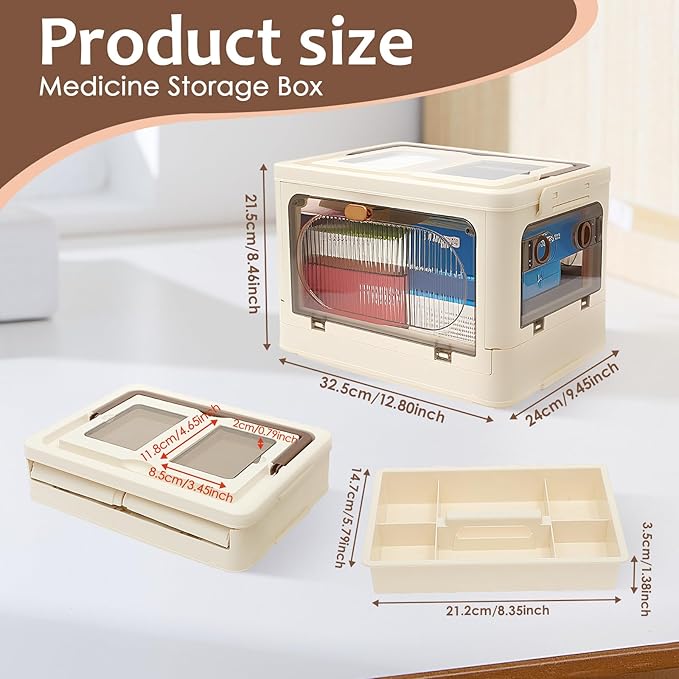 3-Tier Medicine Organizer - Portable Medicine Storage Box Cabinet with Handle, Large Capacity Collapsible First Aid Box with Wheels, Removable Tray Multipurpose Pill Container for Home