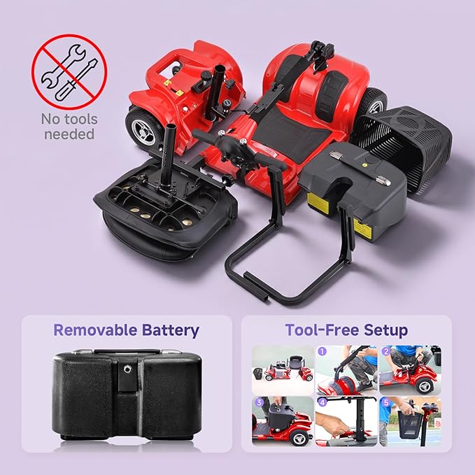 XERATH Mobility Scooters for Seniors Lightweight and Portable,Mobility Scooter with LED Headlights and Basket,lightest Foldable Mobility Scooter 4 Wheels Electric Powered Chargeable Device (Red)