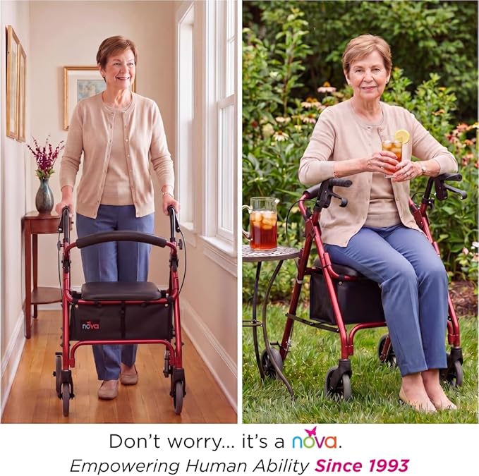 NOVA GetGo Petite Narrow Rollator Walker for Seniors, Lightweight Folding Rolling Walker with Seat, Lock N Load for Easy Transport & Storage, Adjustable Fit 4'10"–5'4", Red